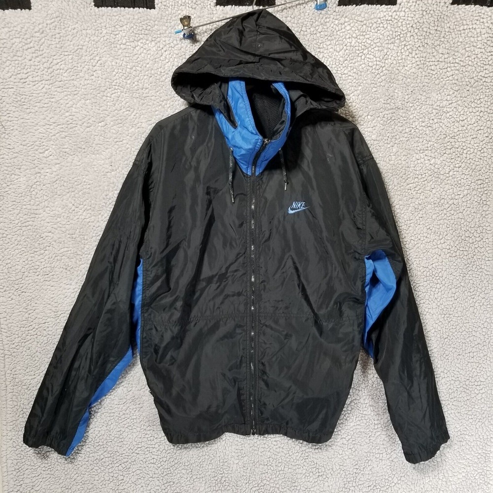 Vintage Nike Jacket Mens Large Blue Black Windbreaker Full Zip With Hood 80s - Picture 7 of 14